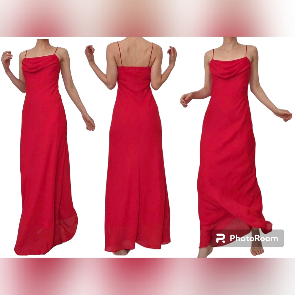 Vintage 90's Jump Apparel&Co Red Chiffon Long Cowl neck Maxi Slip Dress Size XS